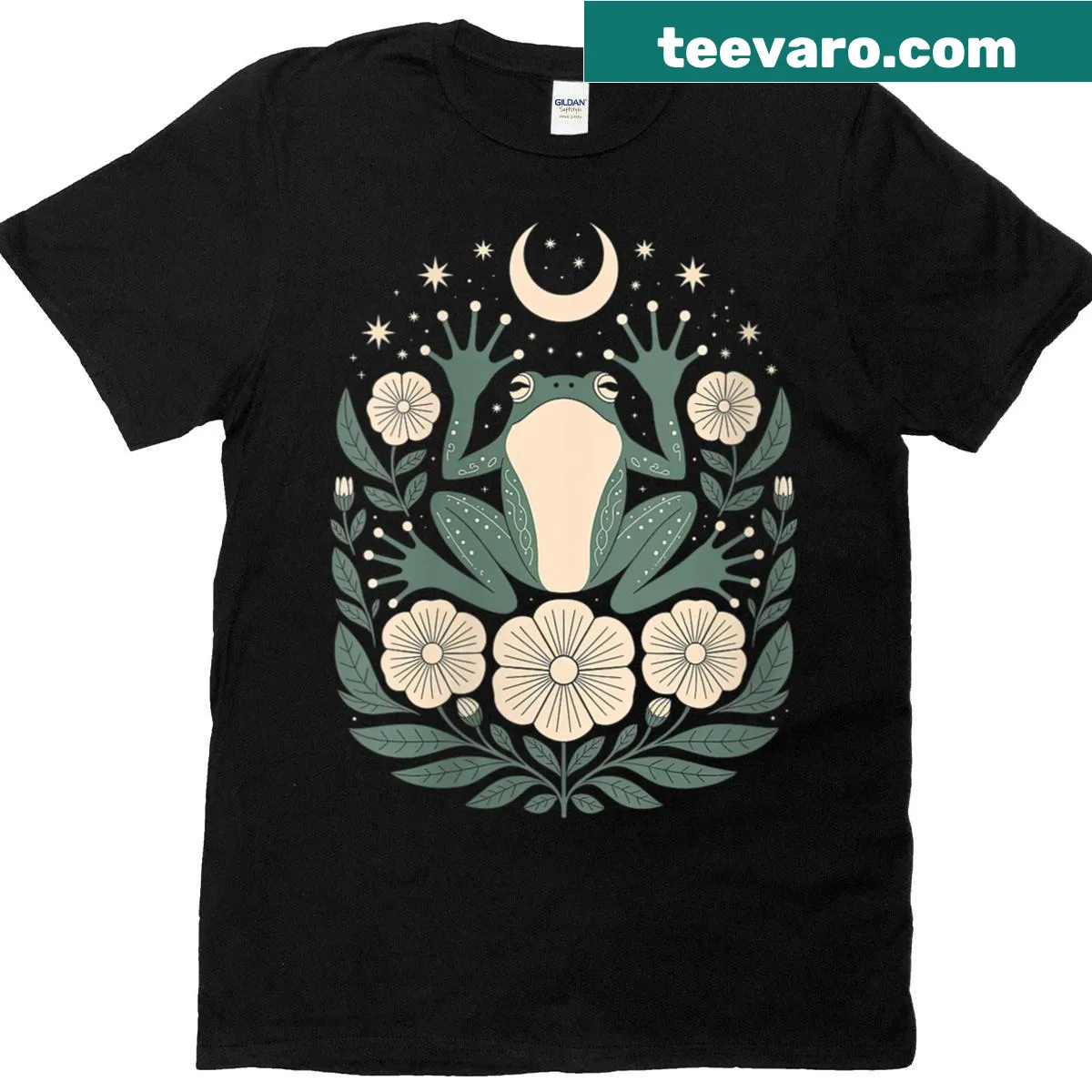 Illustrative T-shirt featuring frogs, moths, and moon phases — on a men's t-shirt