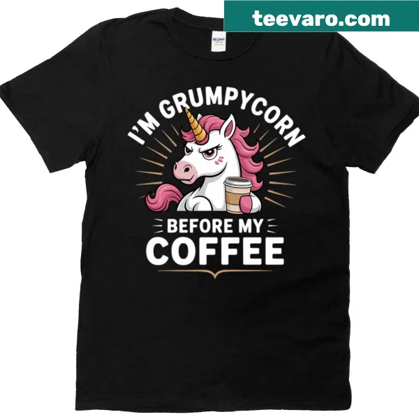 Illustration of a grumpy unicorn with a coffee theme on a t-shirt