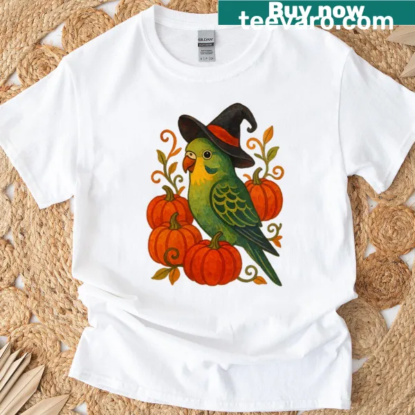 Cute Halloween t-shirt featuring a parakeet witch with pumpkins