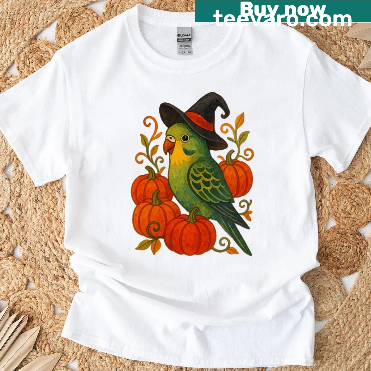 Cute Halloween t-shirt featuring a parakeet witch with pumpkins — on a men's t-shirt