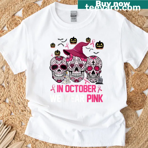 Halloween t-shirt featuring a pink sugar skull design