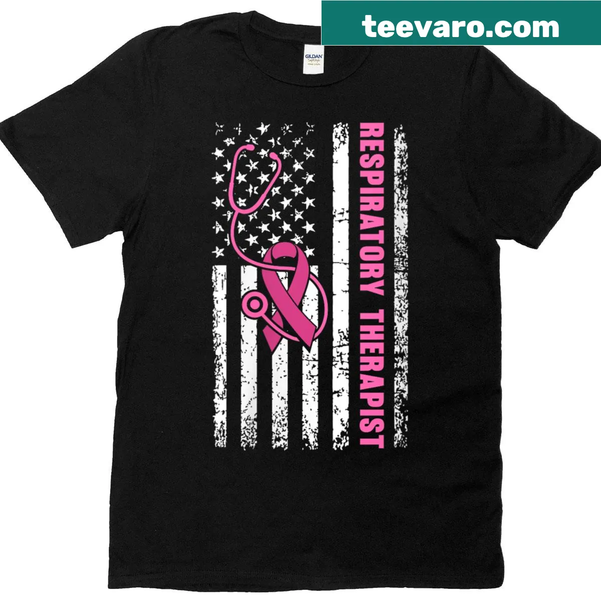 Breast cancer awareness t-shirt for respiratory therapists featuring the USA flag — on a men's t-shirt