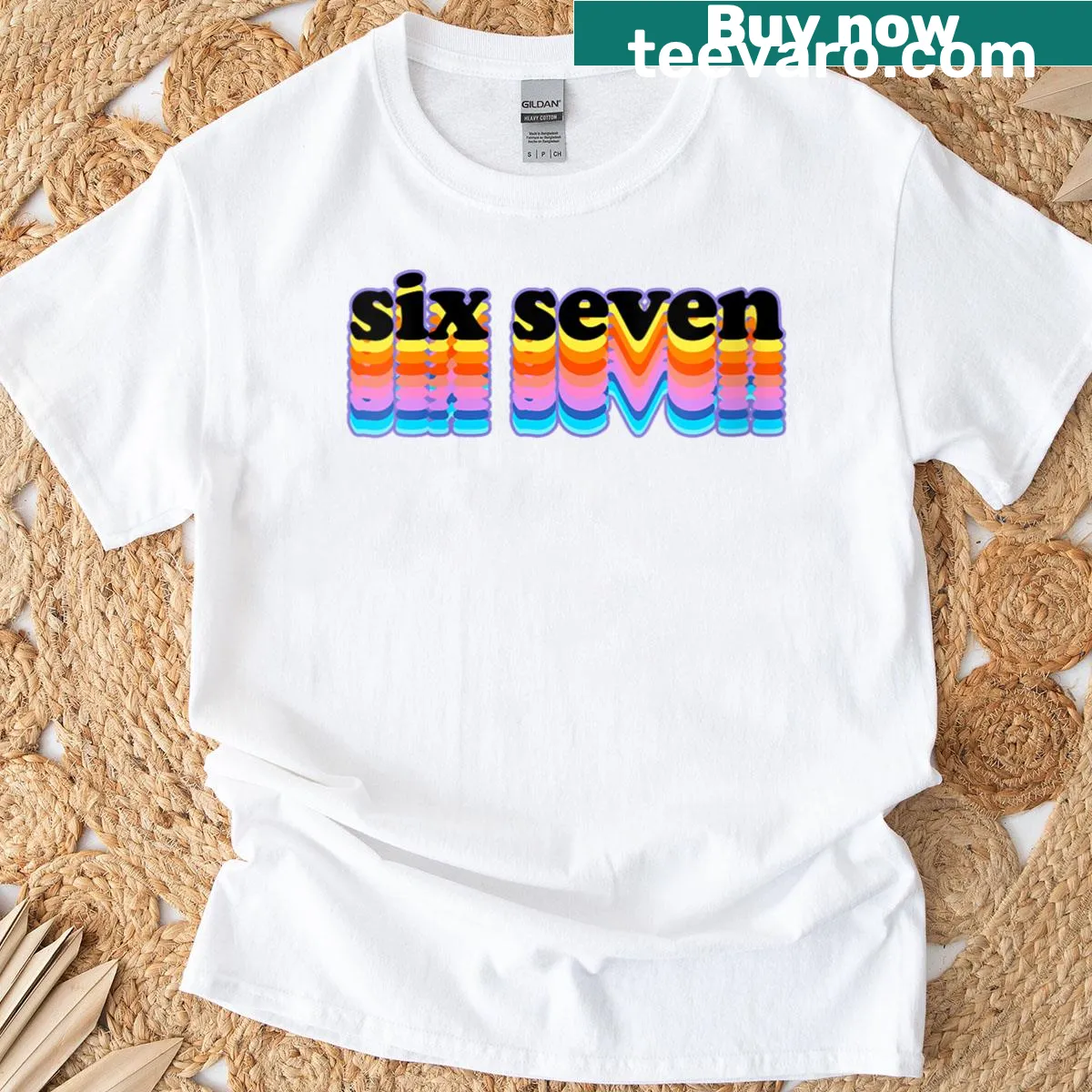 Retro T-shirt with 'Six Seven' humorous text for tall women — on a men's t-shirt