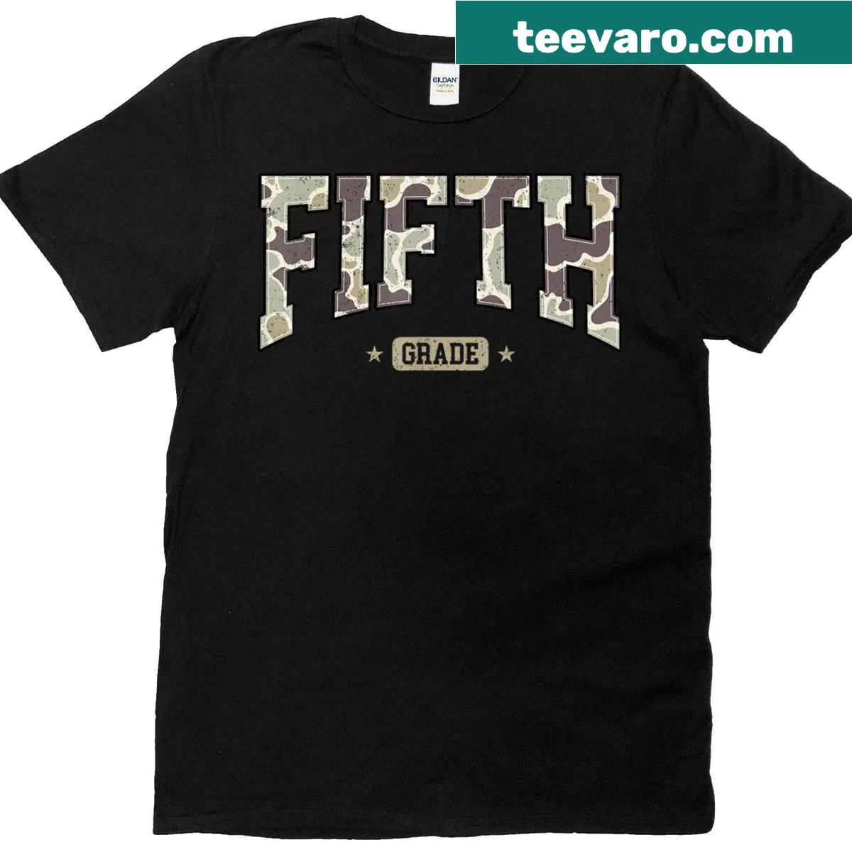Vintage camo back-to-school t-shirt for boys in 5th grade — on a men's t-shirt