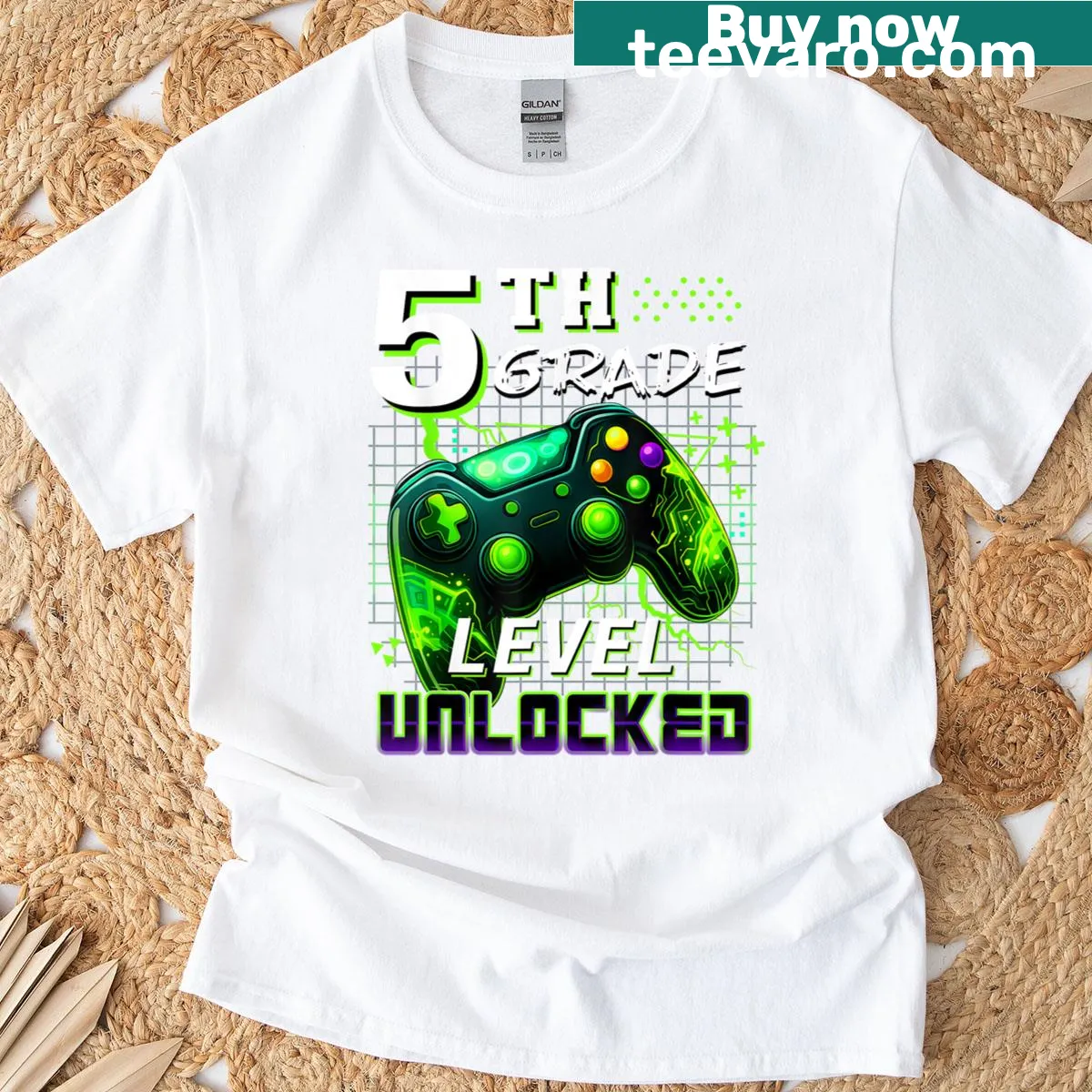 T-shirt celebrating 5th grade with a gamer-style graphic — on a men's t-shirt