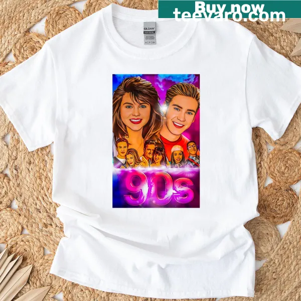 Oversized t-shirt celebrating iconic 90s TV couples in a nostalgic design