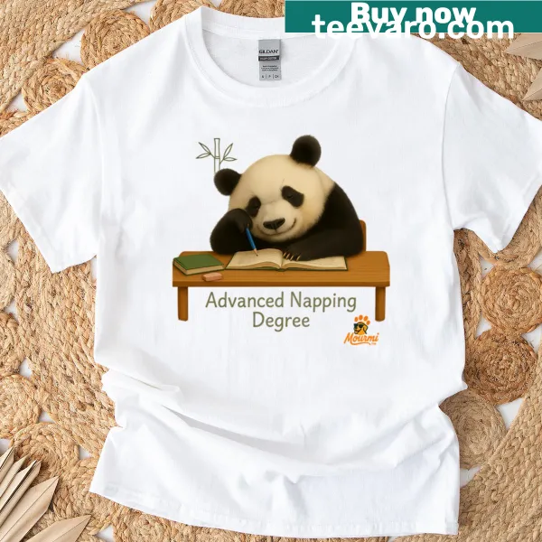 Funny t-shirt featuring a lazy panda and advanced napping degree text