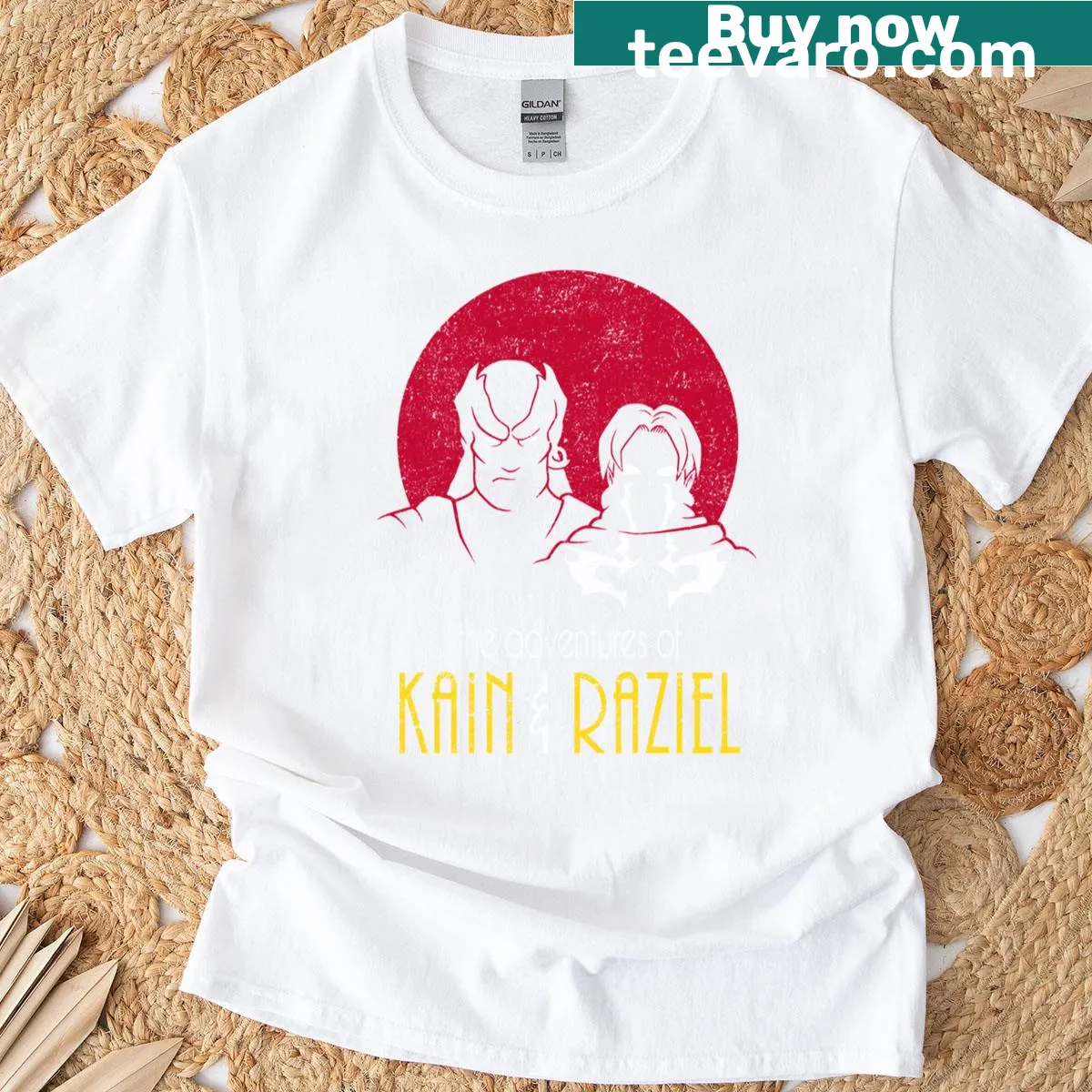 T-shirt featuring illustrations of Kain and Raziel from a fantasy adventure — on a men's t-shirt