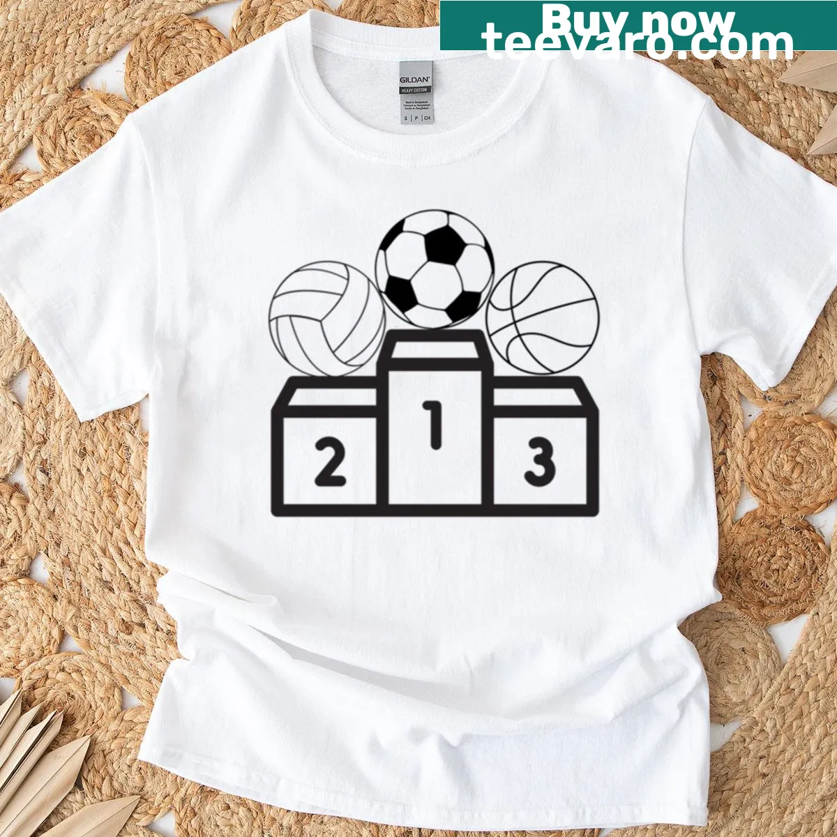 Action-themed sports t-shirt showcasing football, volleyball, and basketball graphics — on a men's t-shirt