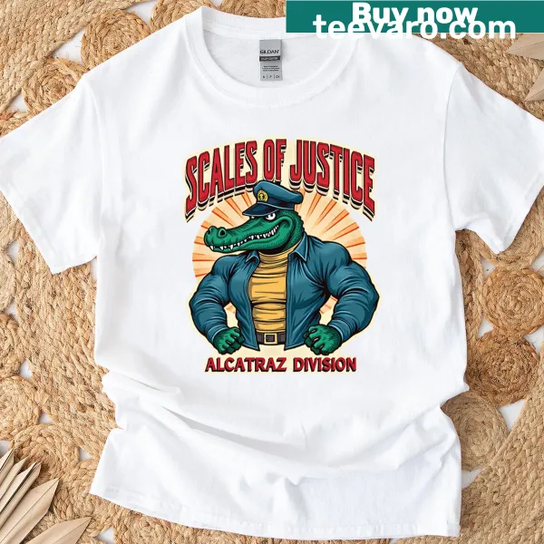 Oversized t-shirt with a whimsical alligator prison guard graphic