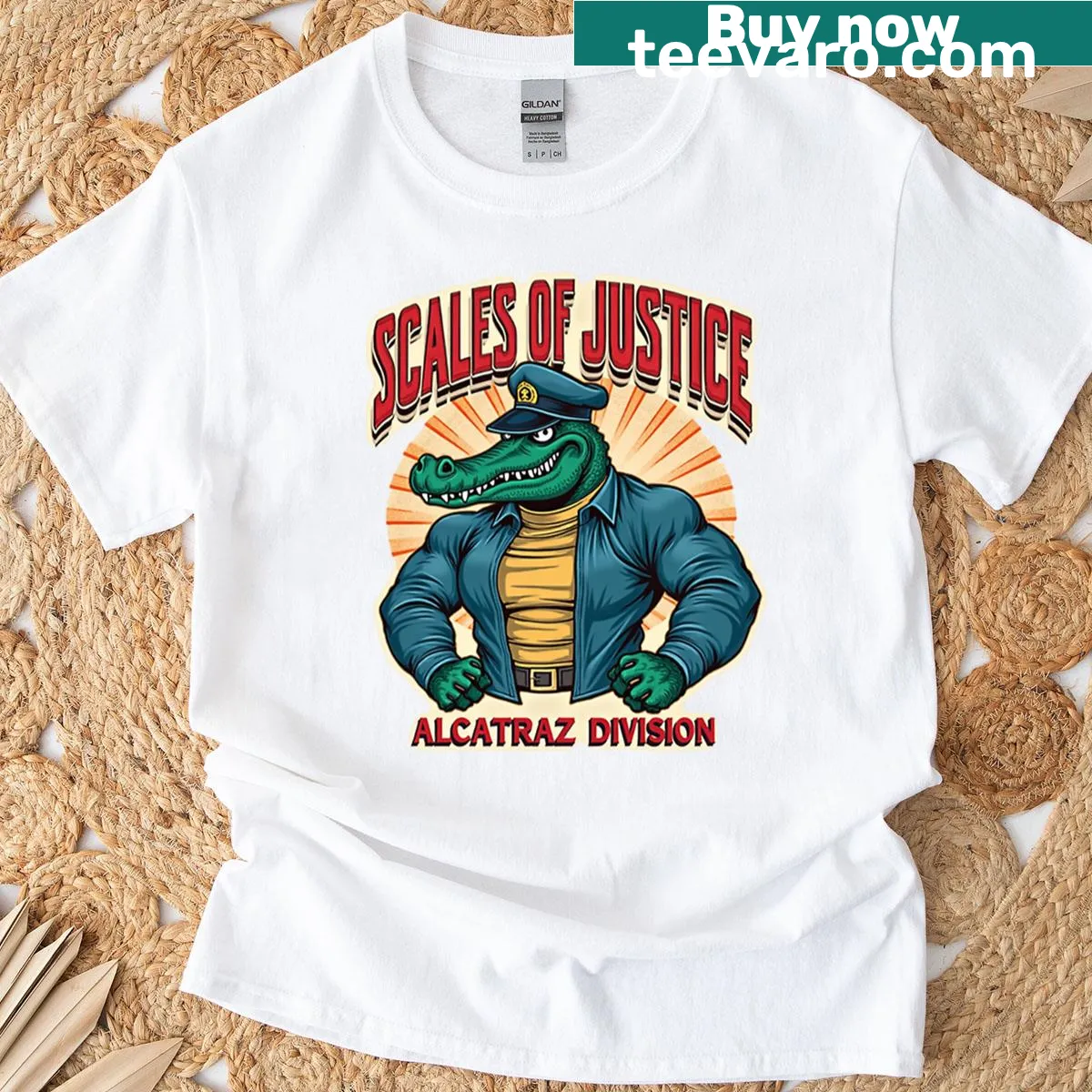 Oversized t-shirt with a whimsical alligator prison guard graphic — on a men's t-shirt