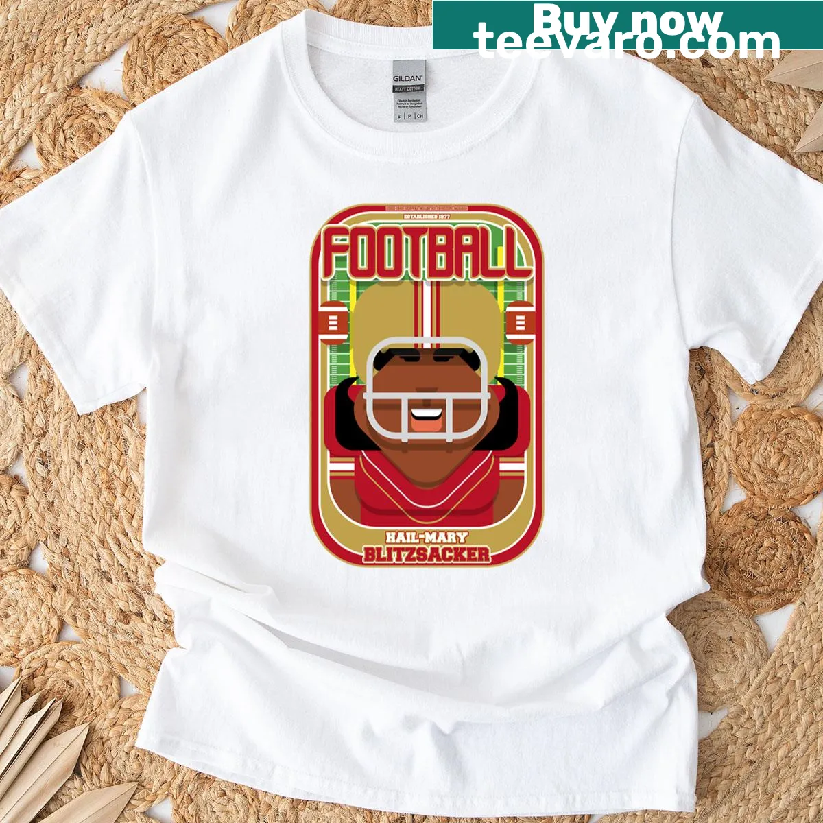 Illustration of a football Hail Mary play with humorous elements — on a men's t-shirt