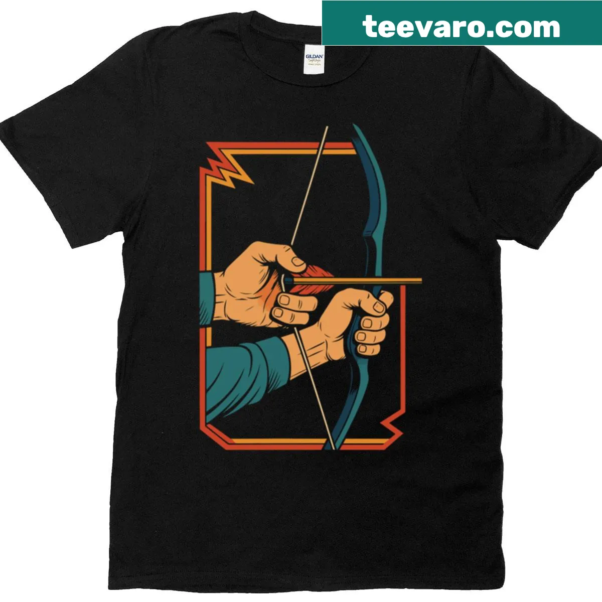 Retro archery design t-shirt featuring bow and target — on a men's t-shirt