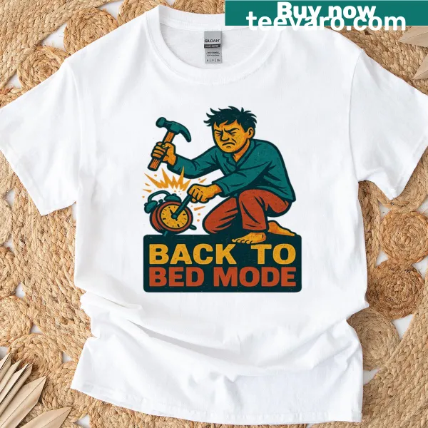 Retro t-shirt featuring an alarm clock design for 'Back To Bed Mode'