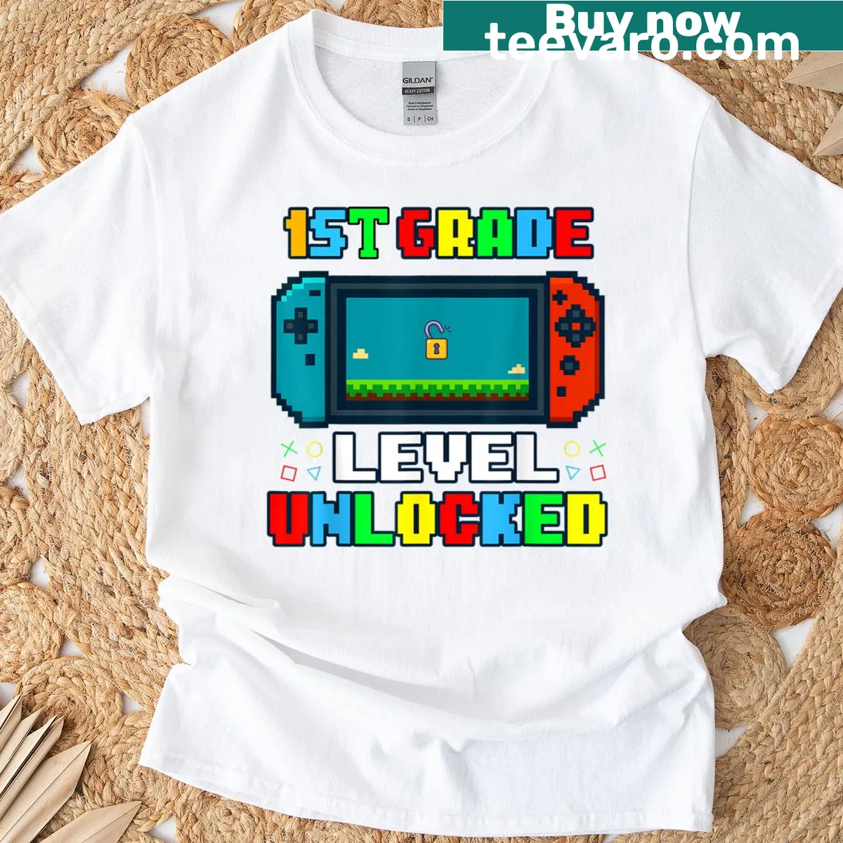 Kids T-shirt celebrating 1st grade with gaming theme — on a men's t-shirt
