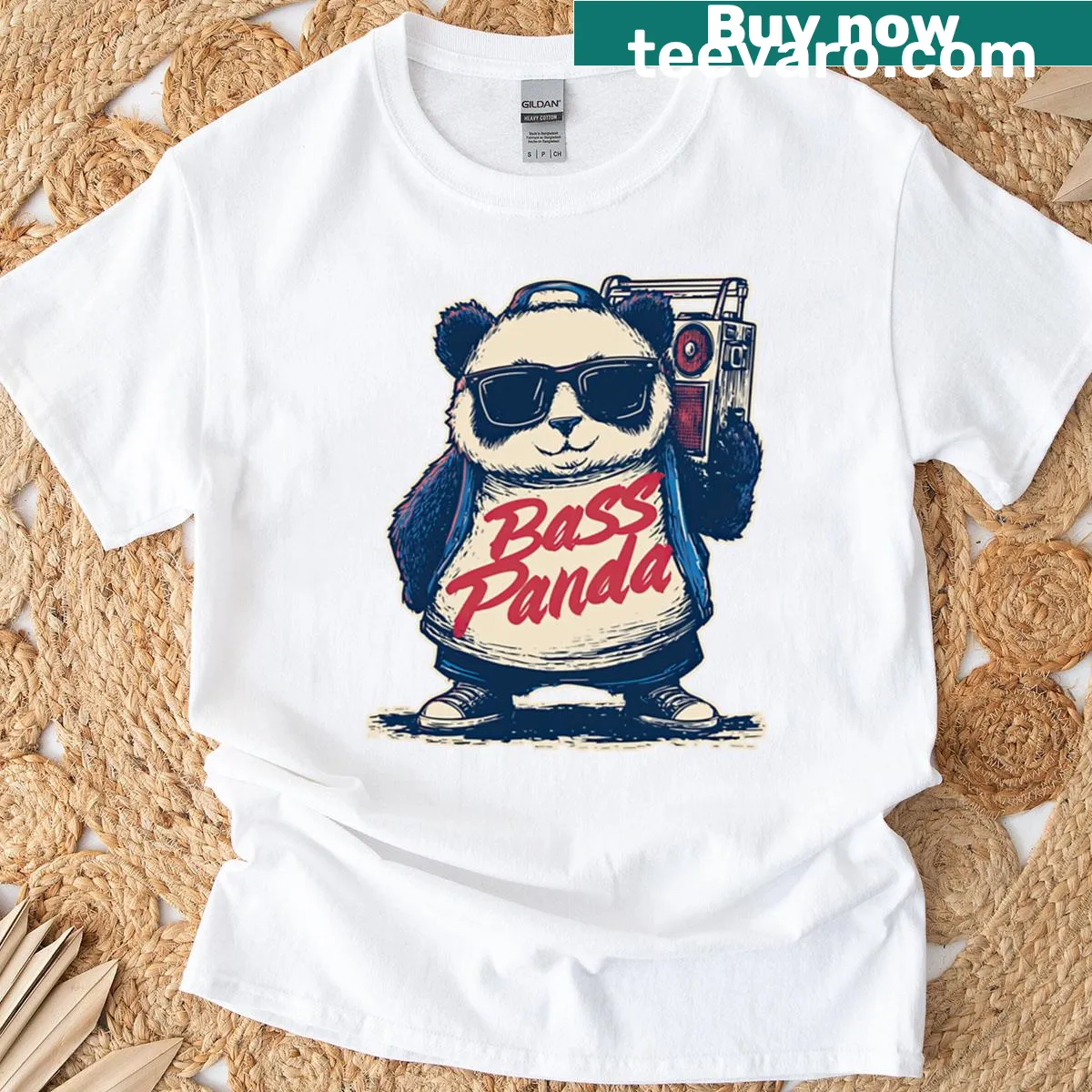 Panda playing bass guitar T-shirt with playful design — on a men's t-shirt