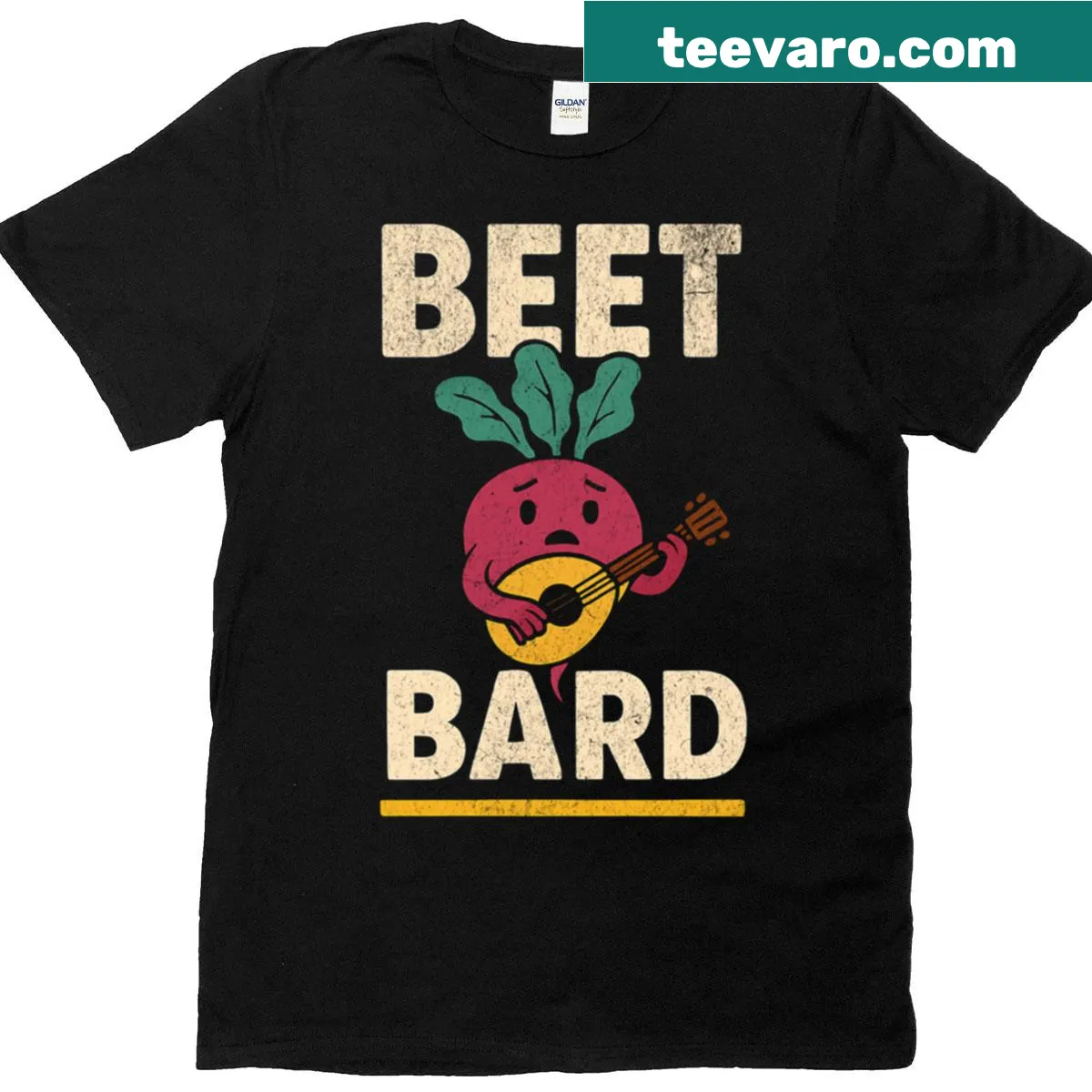 Cartoon vegetable t-shirt featuring a funny 'Beet Bard' design — on a men's t-shirt