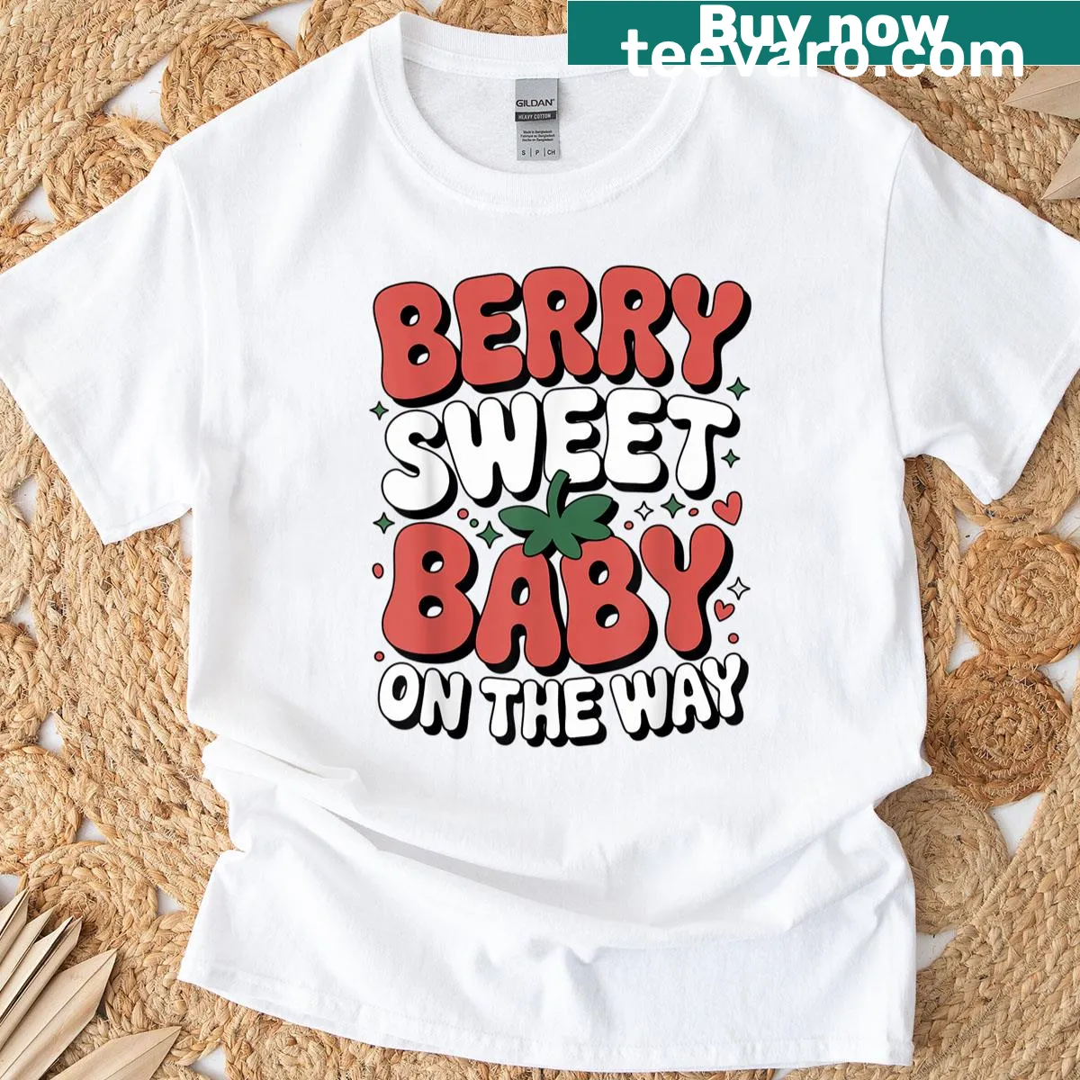 Strawberry graphic with text 'Baby On The Way' for pregnancy reveal — on a men's t-shirt