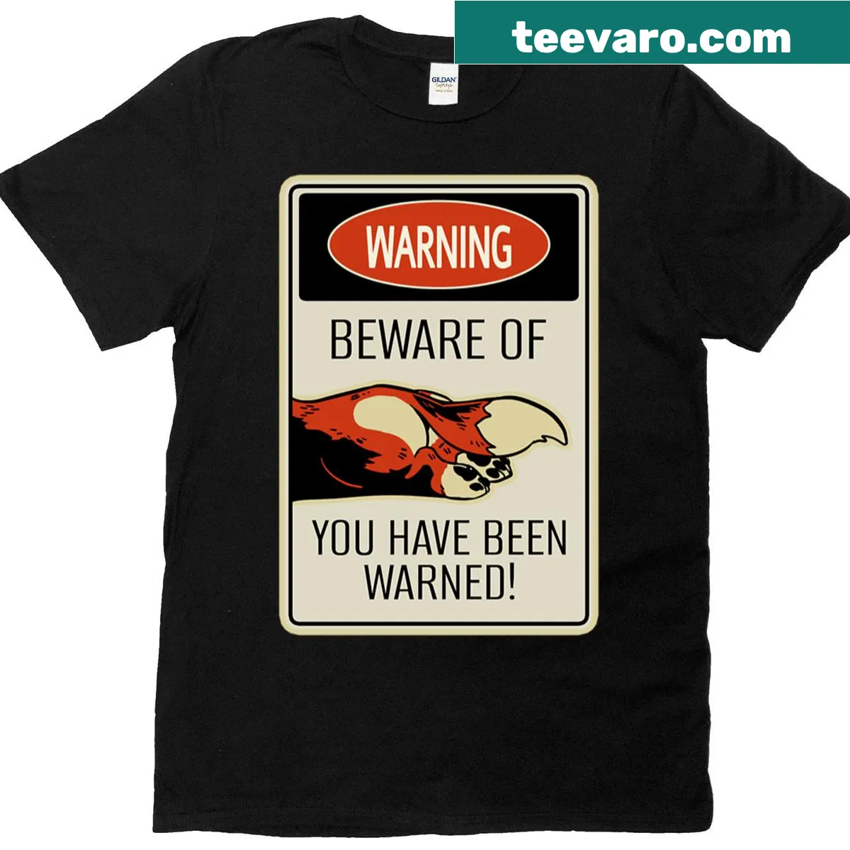 Funny T-shirt with 'Beware The Corgi Sploot' sign and corgi graphic — on a men's t-shirt