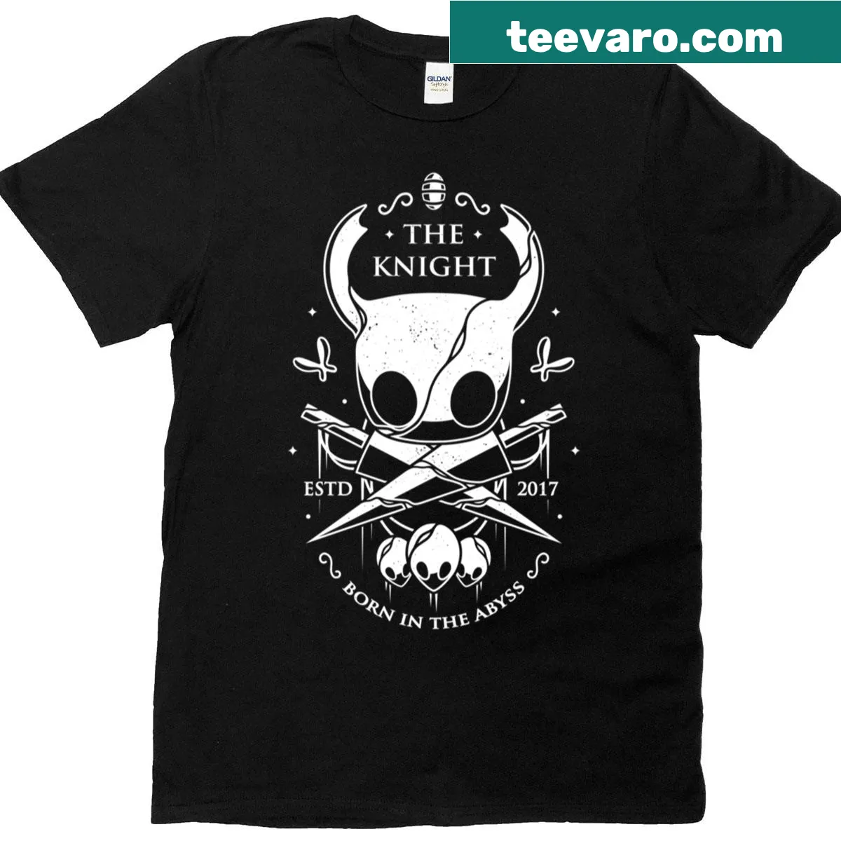 Dark-themed t-shirt with 'Born In The Abyss' graphic — on a men's t-shirt