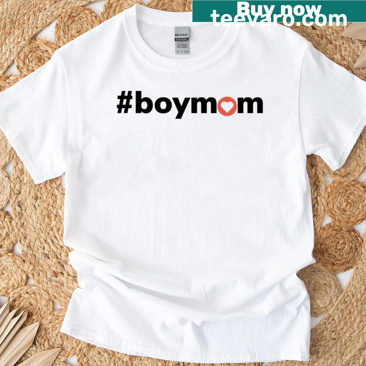 Text reads 'Boy Mom' on a casual T-shirt design — on a men's t-shirt