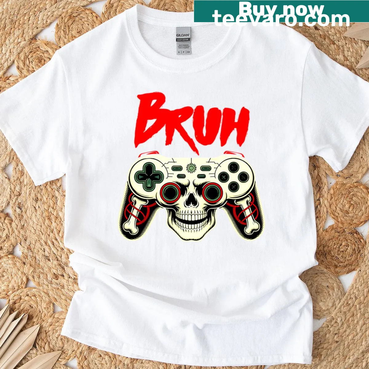 Funny skeleton gamer T-shirt with 'Bruh' text for Halloween — on a men's t-shirt