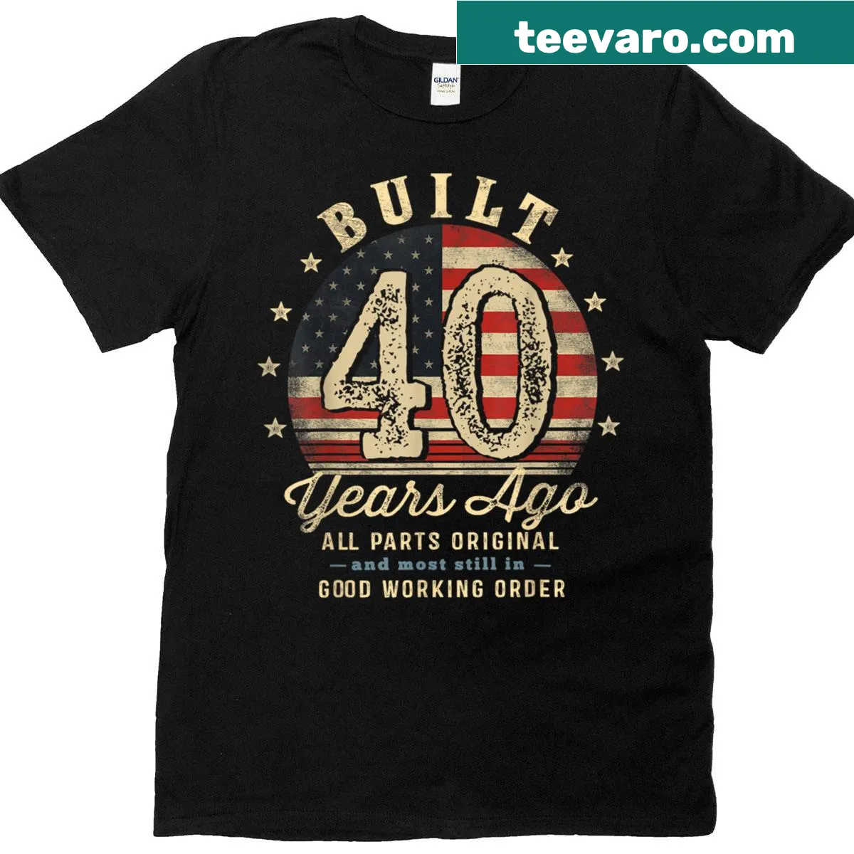 Funny 40th birthday t-shirt with USA flag and text — on a men's t-shirt