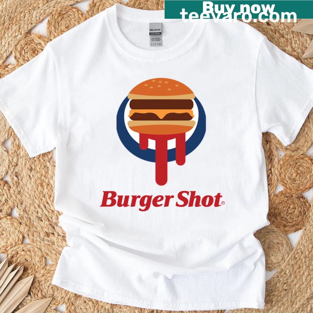 T-shirt featuring an illustration of a delicious burger shot — on a men's t-shirt