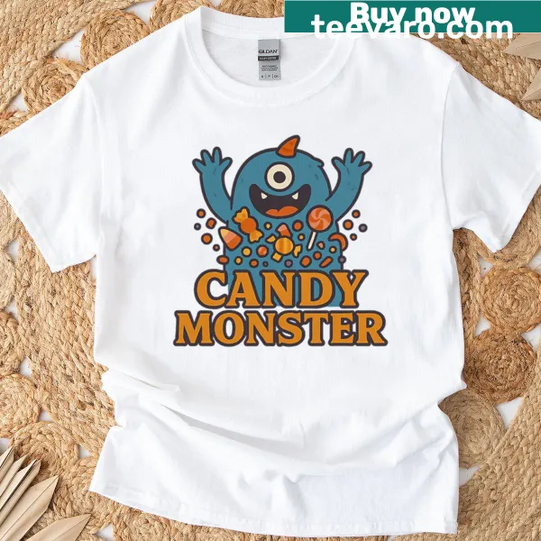 Cute Halloween T-shirt with cartoon candy monster design
