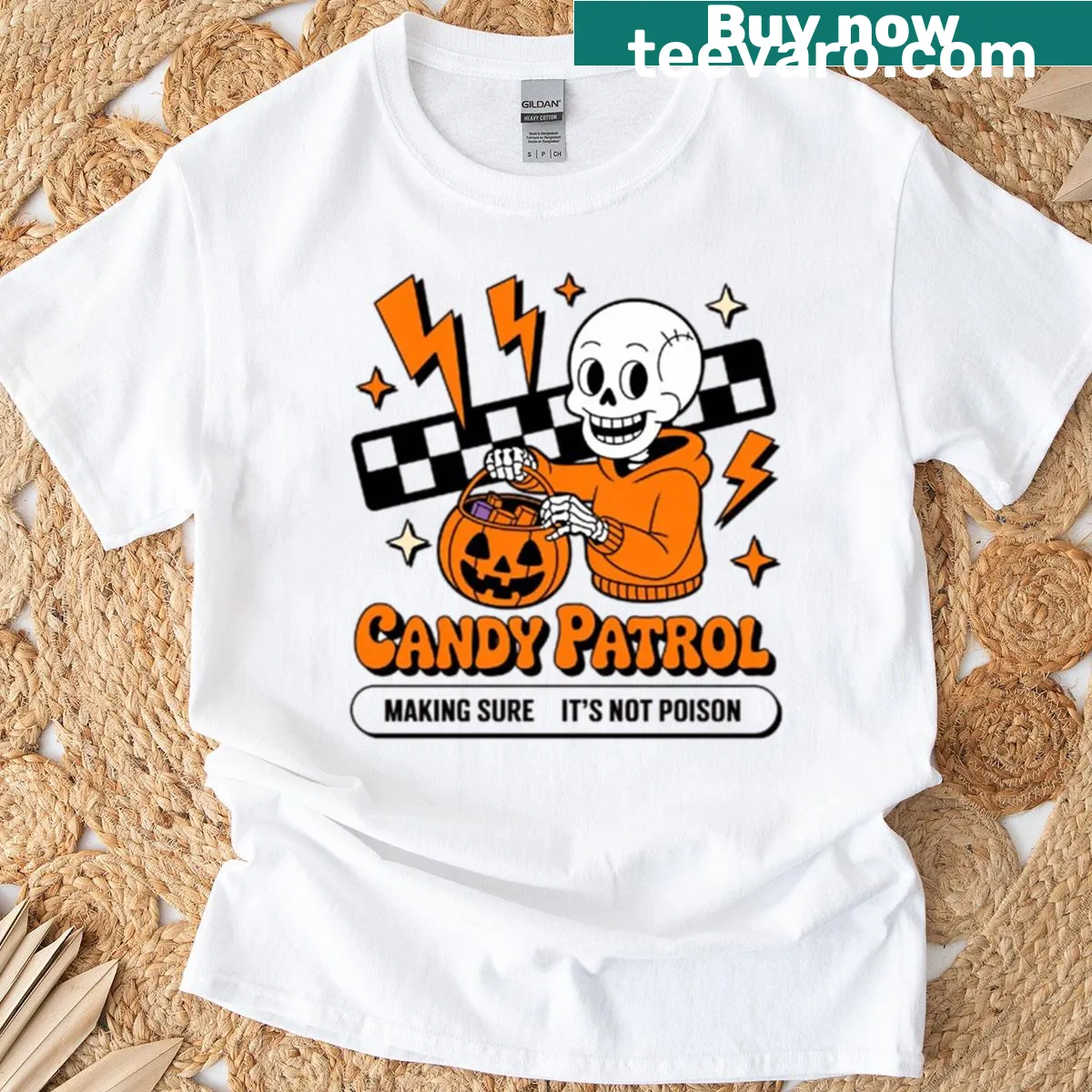 Skeleton with candy Halloween t-shirt — on a men's t-shirt