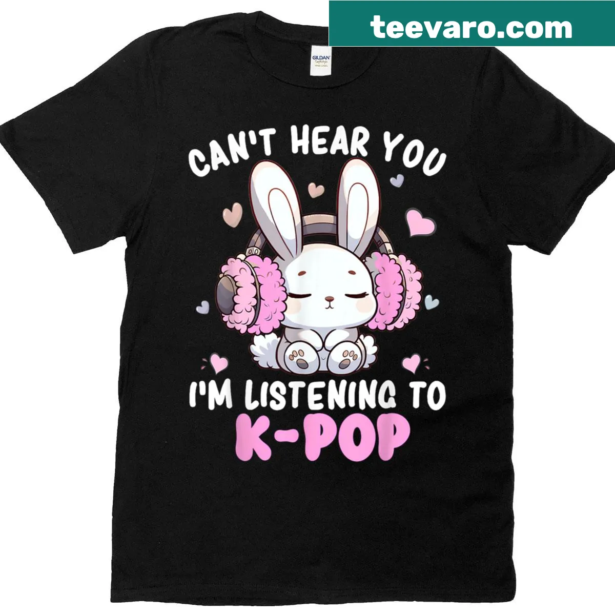 Kawaii K-pop t-shirt with 'Can't Hear You I'm Listening' text — on a men's t-shirt