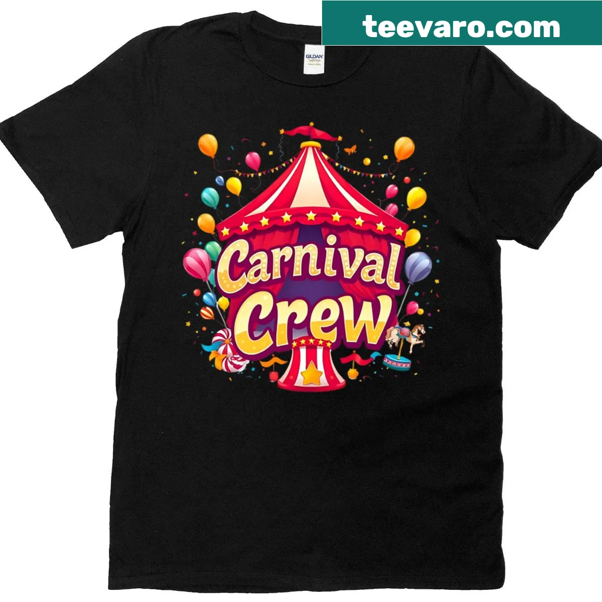 Carnival-themed T-shirt with fair tent and balloons — on a men's t-shirt