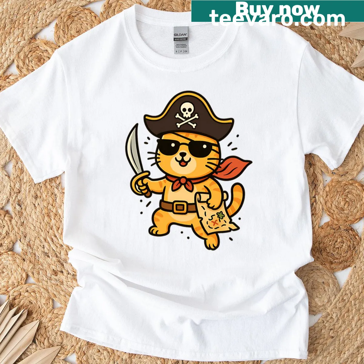 Oversized t-shirt featuring a cartoon pirate cat ready for mischief — on a men's t-shirt