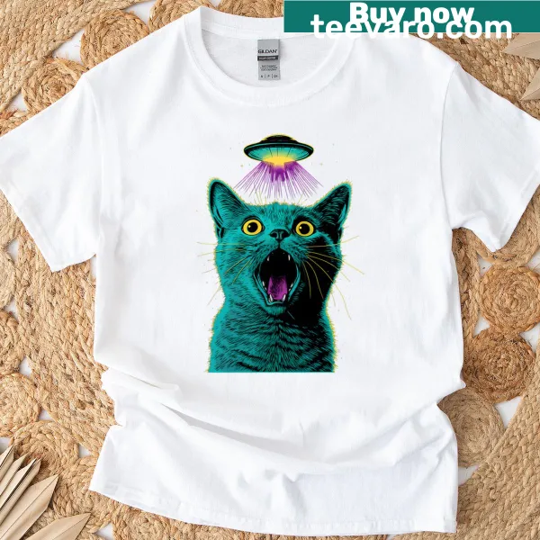 Whimsical cat alien abduction graphic in neon style