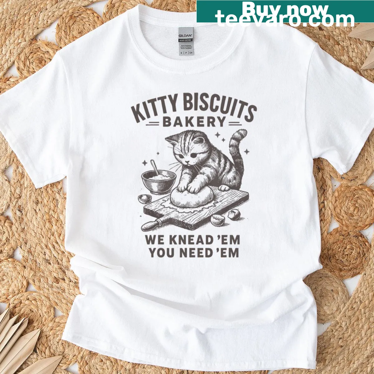 Funny cat kneading dough design T-shirt for cat lovers — on a men's t-shirt