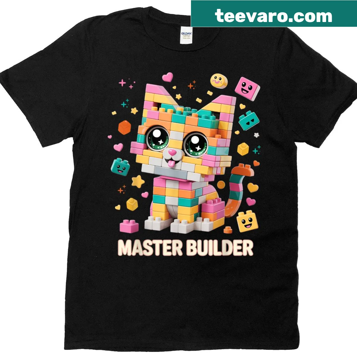 Master builder cat graphic on a fun building blocks shirt — on a men's t-shirt