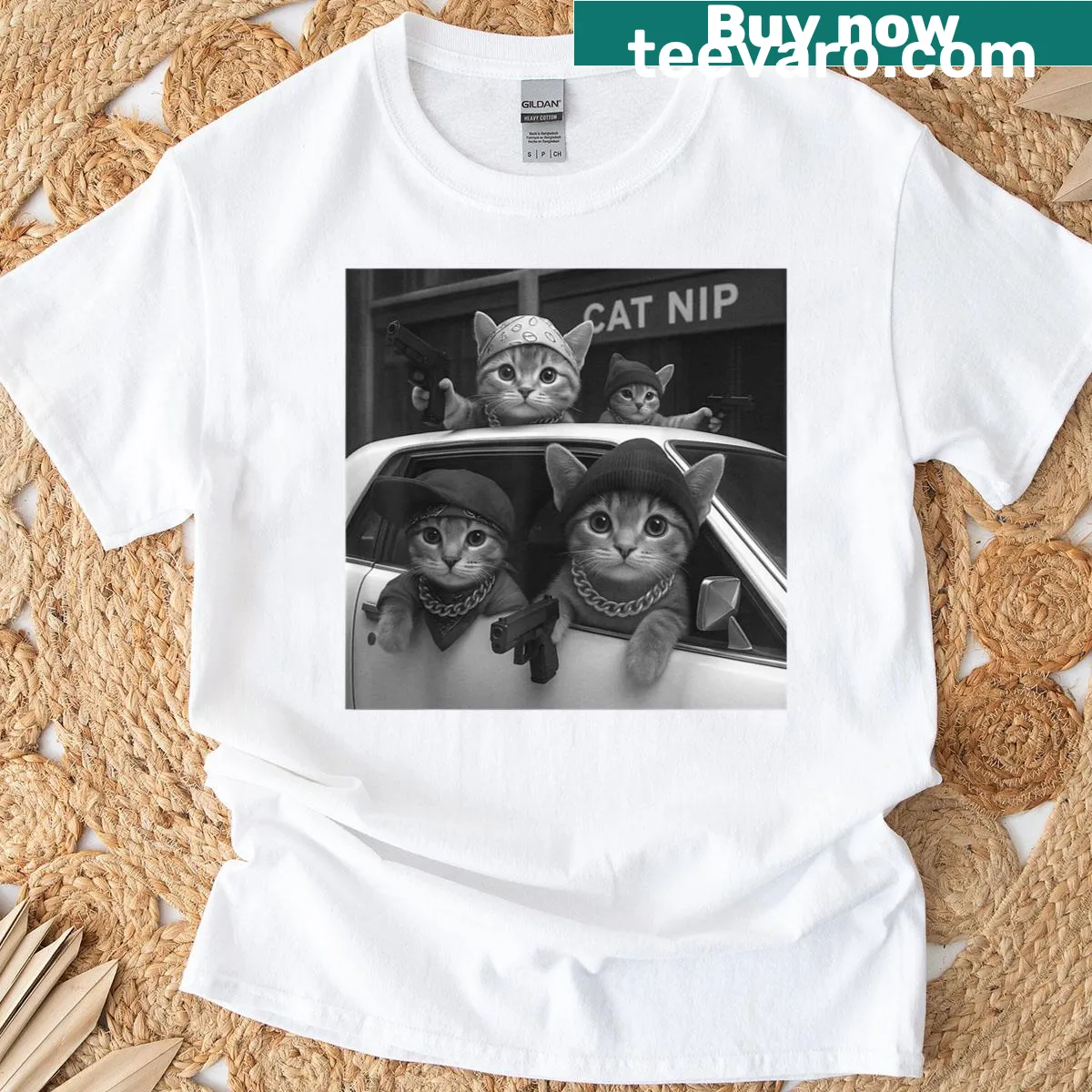 Cartoon cat gangster graphic with 'Cat Gang' text — on a men's t-shirt