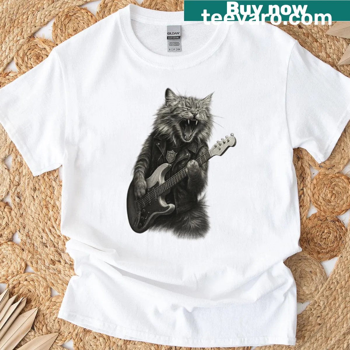 Illustration of a cat playing guitar in a rock and roll style — on a men's t-shirt