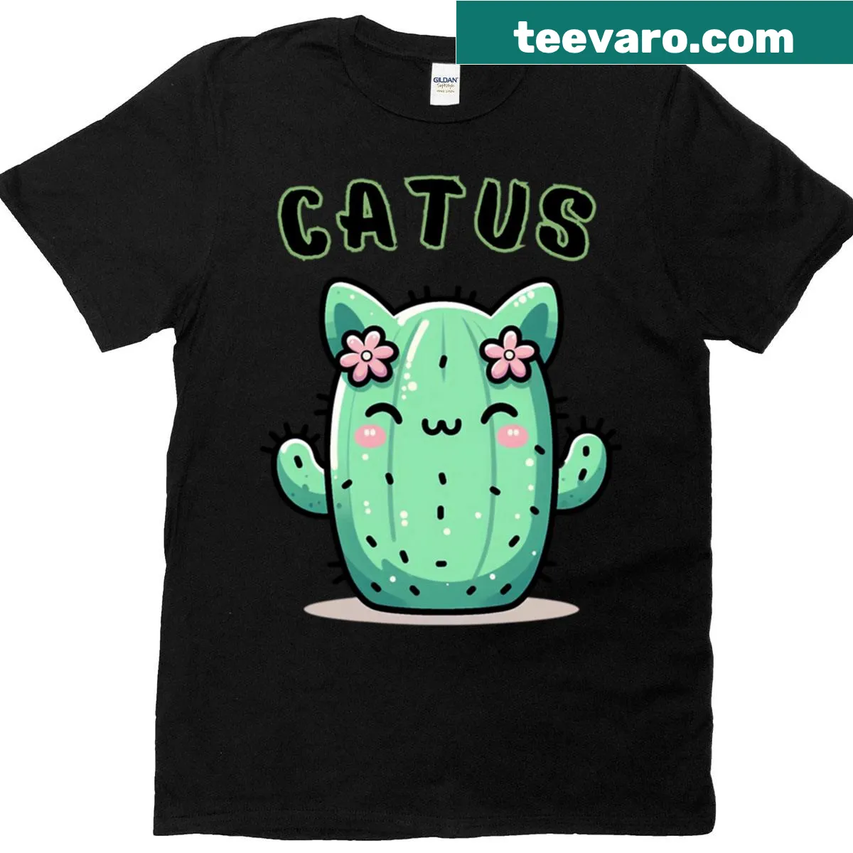 Illustrated T-shirt featuring a cat and cactus pun design — on a men's t-shirt