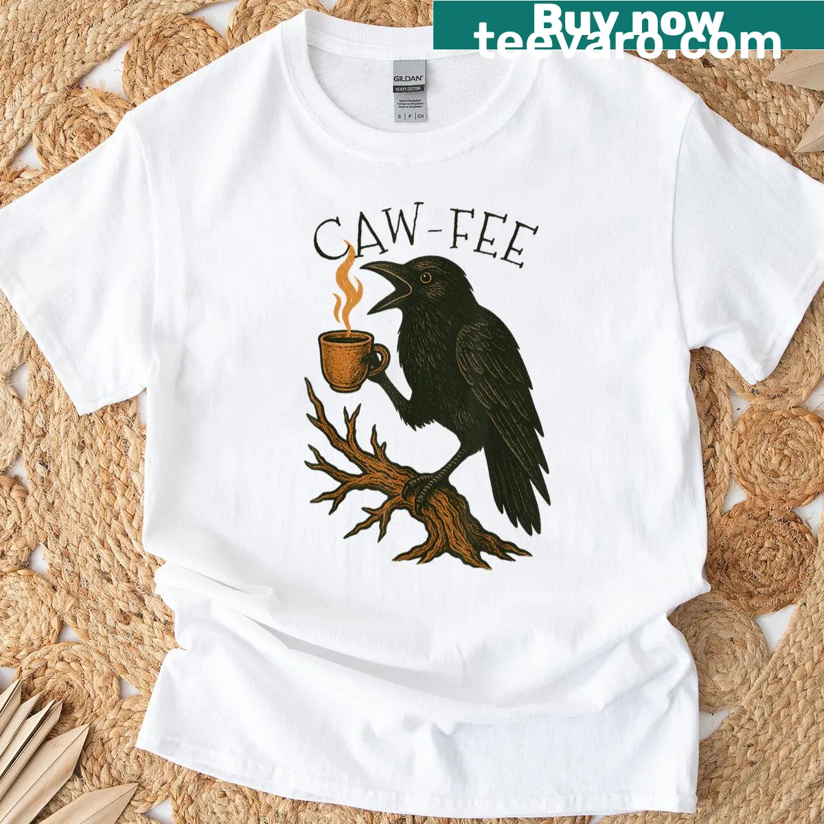 Funny crow enjoying coffee design t-shirt — on a men's t-shirt