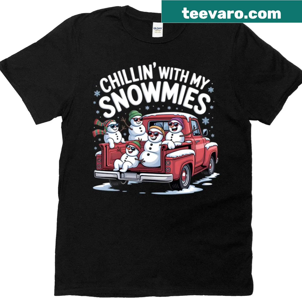 Snowman in a pickup truck for Christmas t-shirt — on a men's t-shirt