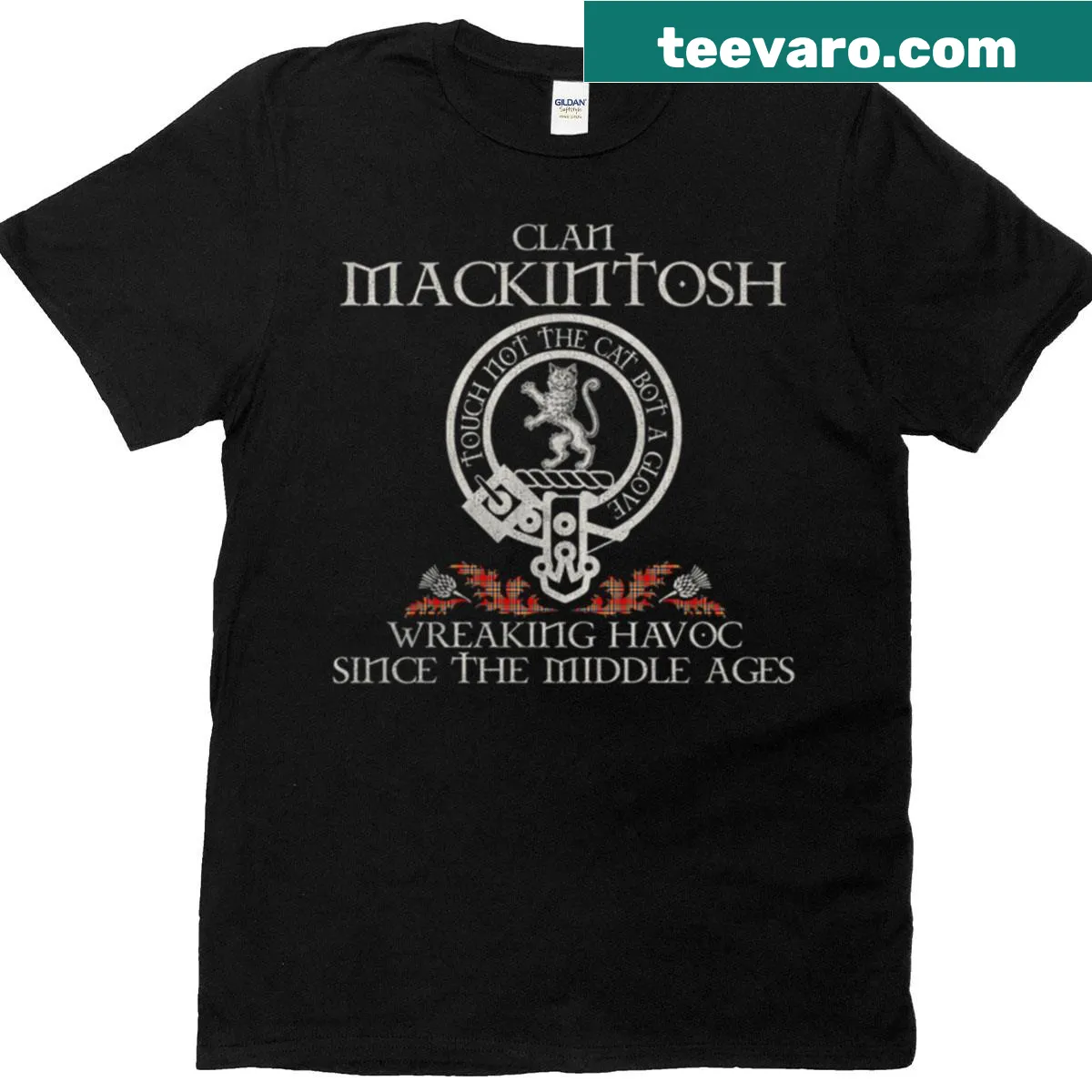 Vintage T-shirt with Clan Mackintosh Chief Crest and thistle design — on a men's t-shirt