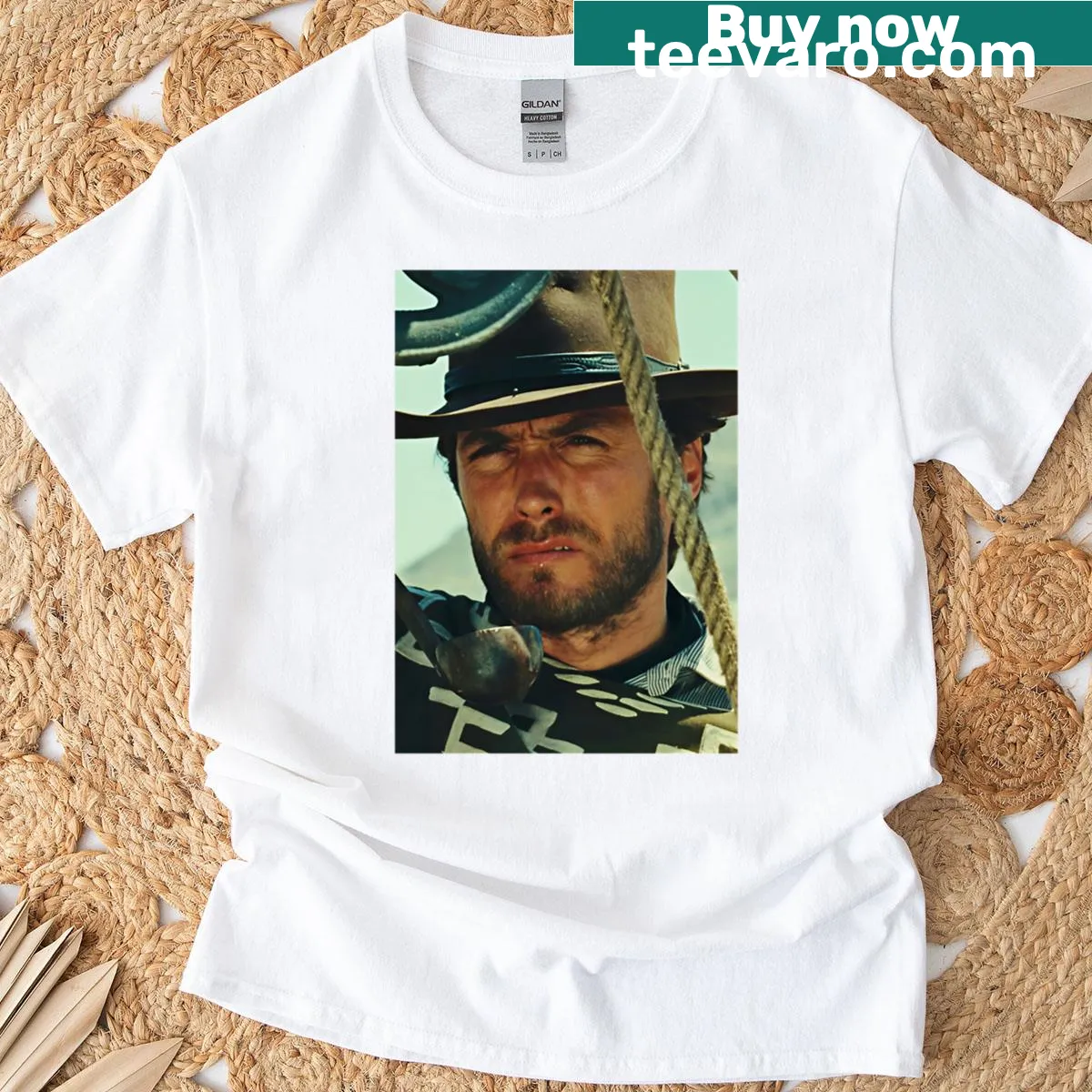 Portrait illustration of Clint Eastwood on t-shirt — on a men's t-shirt