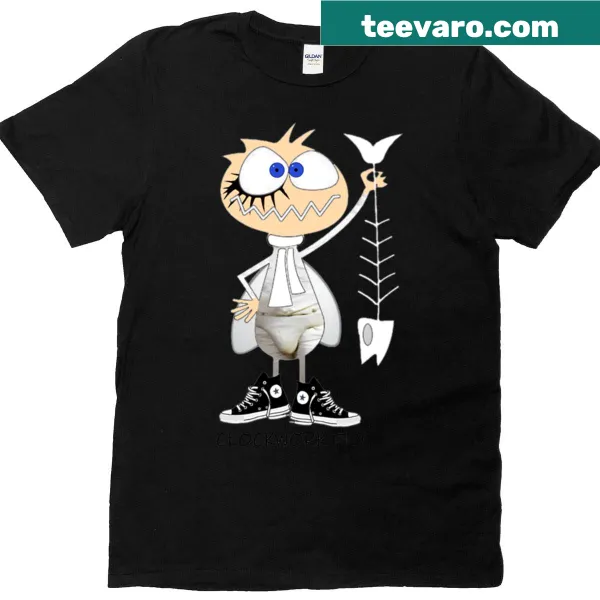 Cartoon graphic of a clockwork fly on a T-shirt