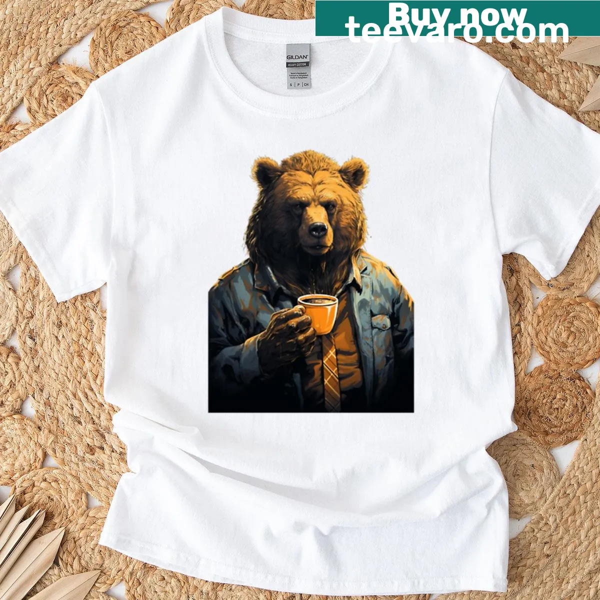 Funny bear in a suit drinking coffee t-shirt — on a men's t-shirt