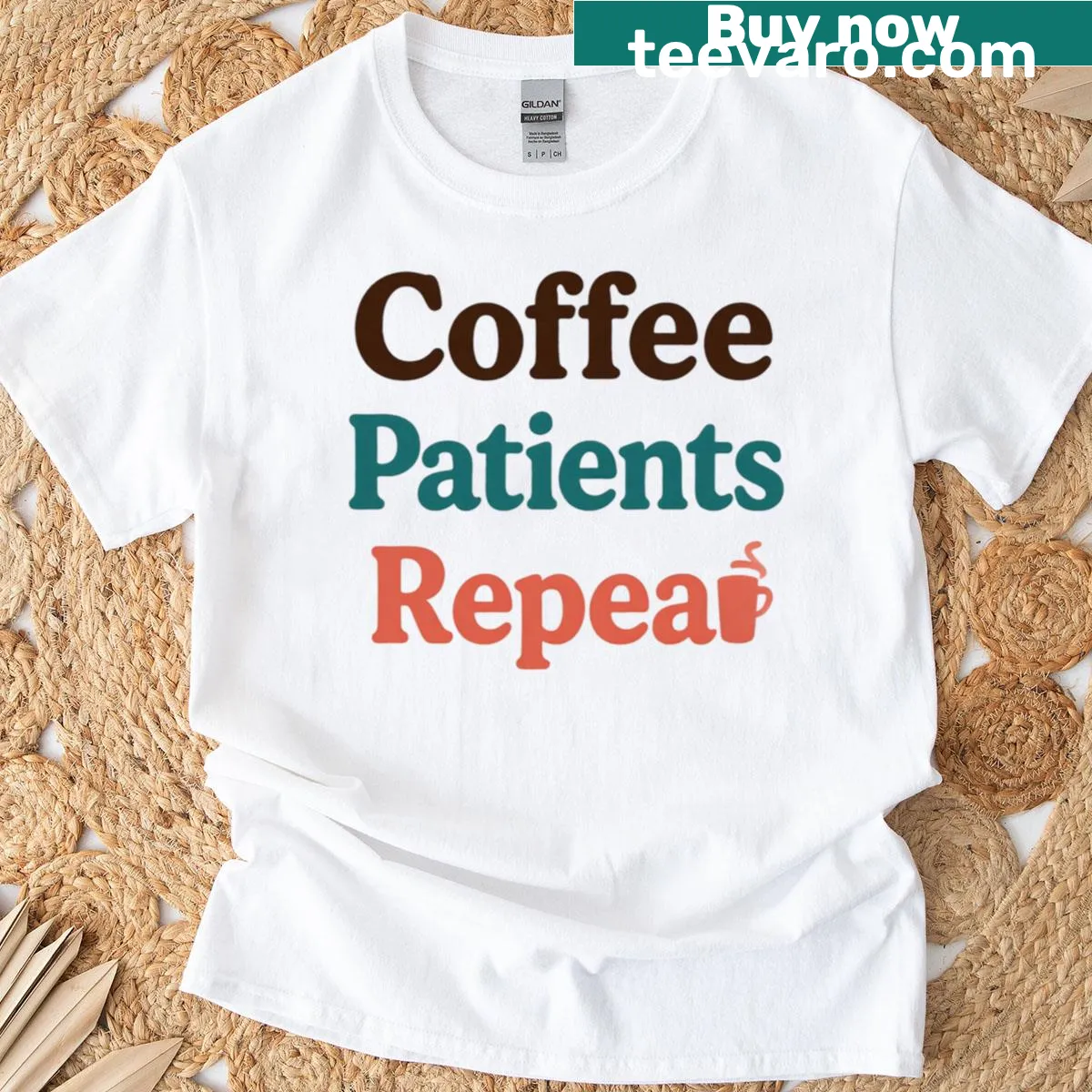 Humorous T-shirt for medical professionals with coffee and patient puns — on a men's t-shirt