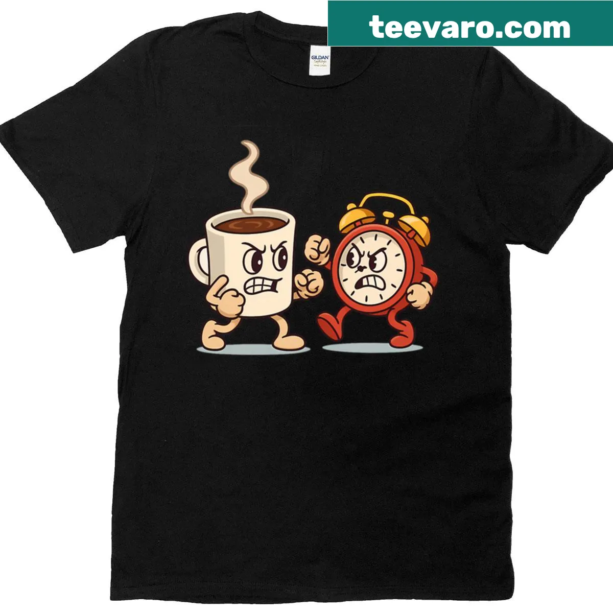 Coffee vs alarm cartoon graphic t-shirt — on a men's t-shirt