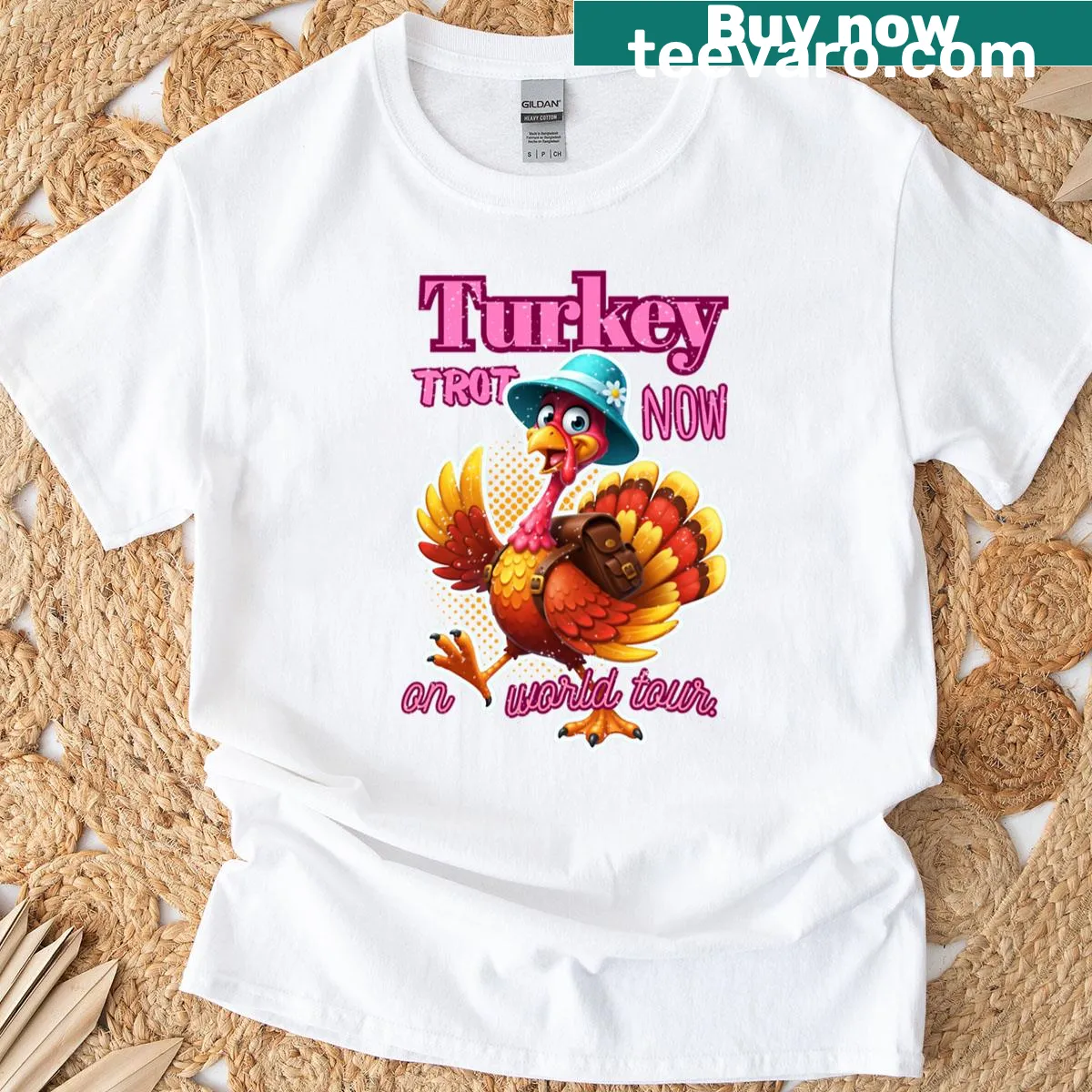 Cartoon turkey with a backpack graphic on a t-shirt — on a men's t-shirt