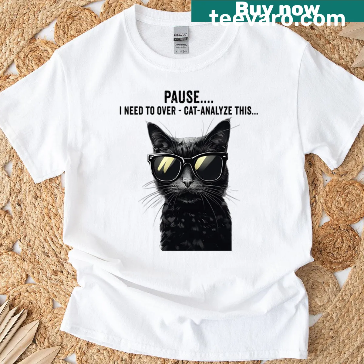 Stylish black cat in sunglasses printed on a T-shirt — on a men's t-shirt