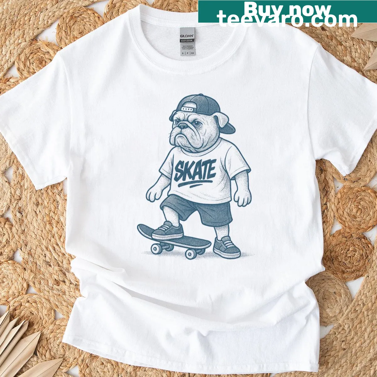 Illustration of a bulldog skateboarding on T-shirt — on a men's t-shirt